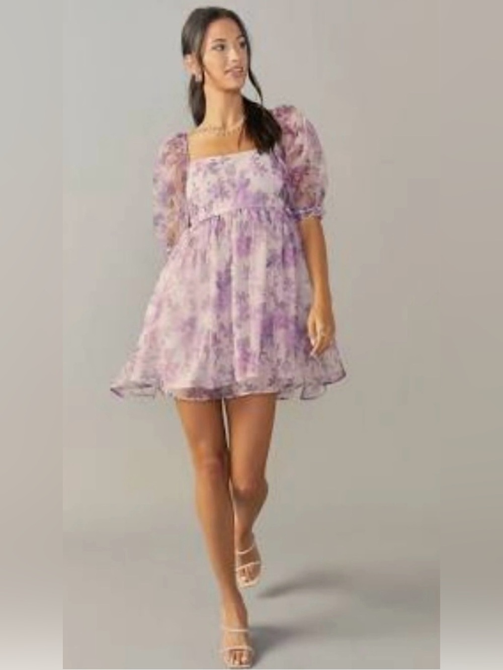 Francesca's Collections Lilac Floral Puff-Sleeve Mini Dress